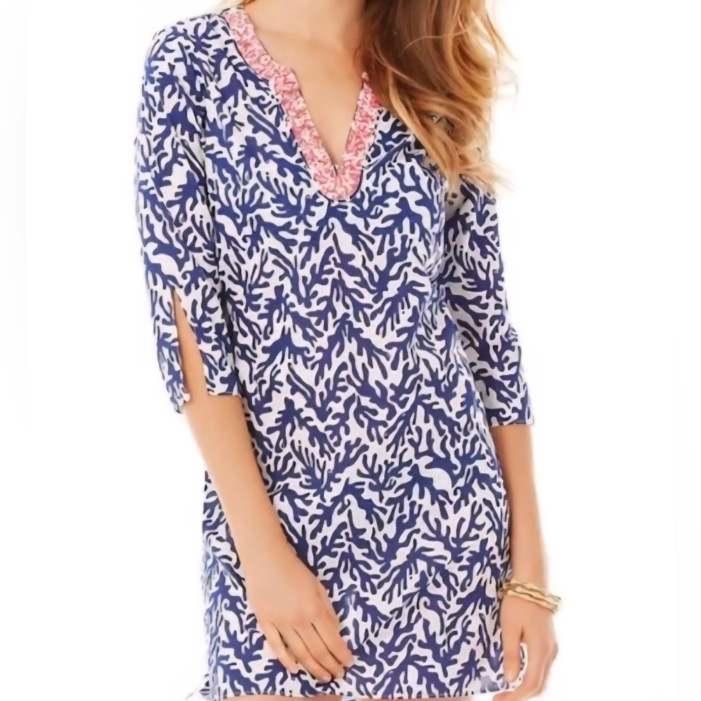 Women's Lilly Pulitzer Courtney Tunic Dress Navy Beaded Neck Medium Tropical